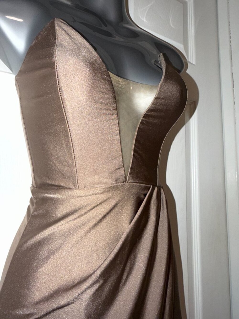 Michael Costello x Revolve Bronze Satin Gown Plunging Neck | High Slit Maxi XXS - Picture 3 of 7